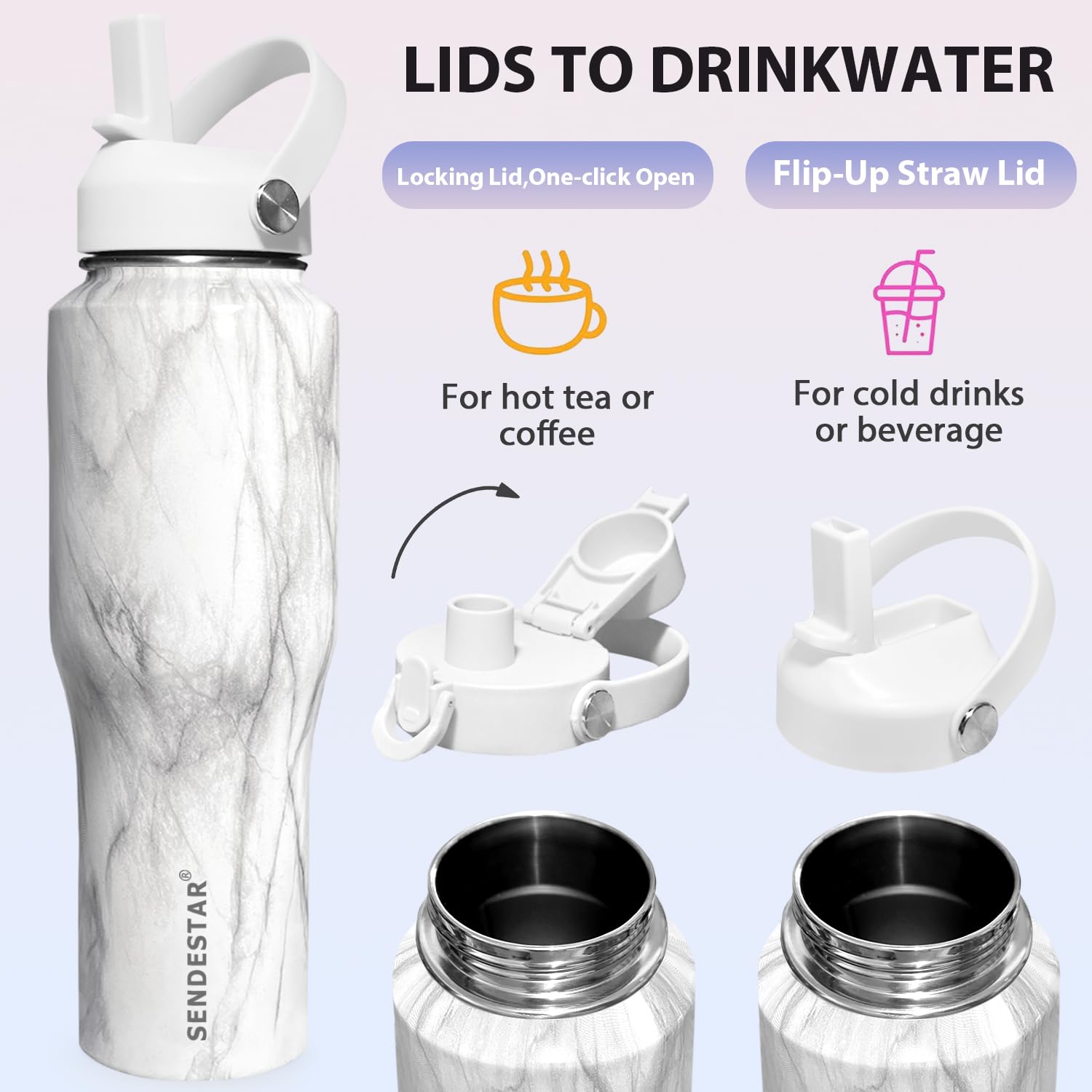SENDESTAR 40oz Stainless Steel Water Bottle(Cold for 48 Hrs, Hot for 24 Hrs),Double Wall Vacuum Insulated Bottle with Straw Lid, Spout Lid and Flex Cap, Fit in Any Car Cup Holder