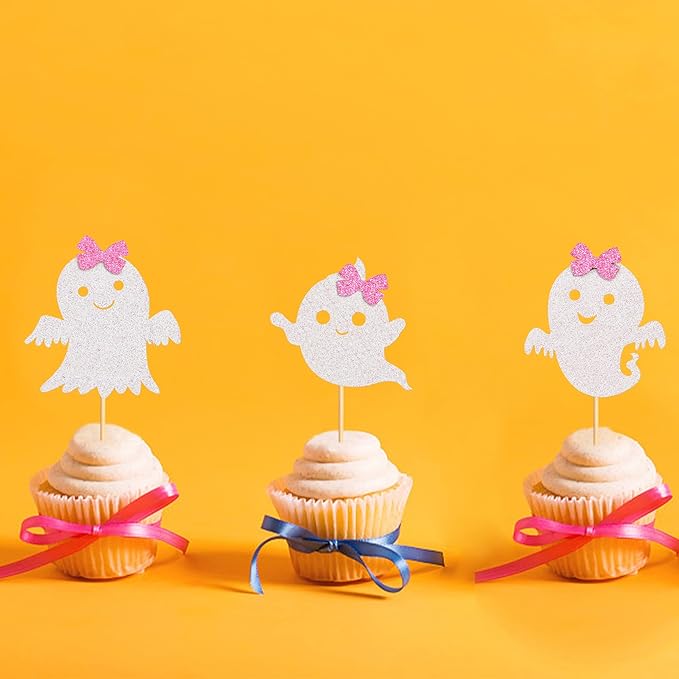 24Pcs Ghost Cupcake Toppers - Pink & White Halloween, Baby Shower, Ghost & Gender Reveal Decorations