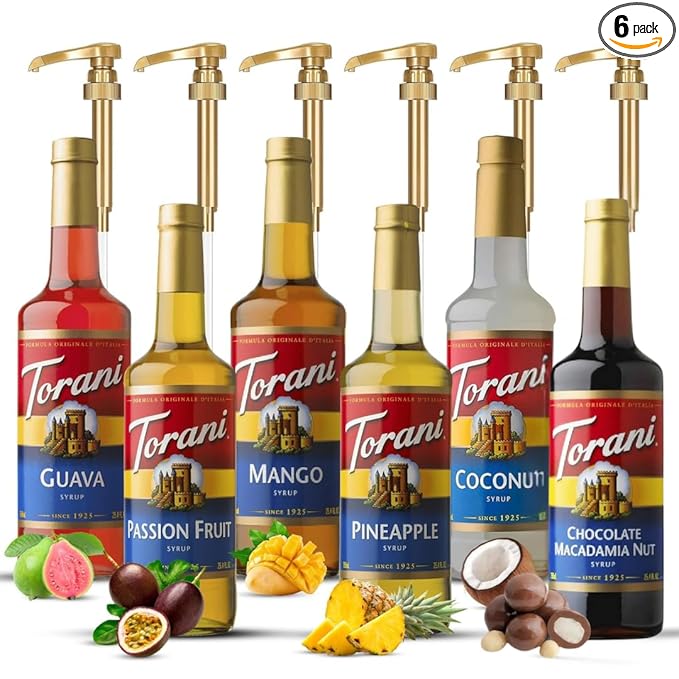 Summer Variety Syrup 6 Pack - Chocolate Macadamia Nut, Pineapple, Coconut, Mango, Guava & Passion Fruit Syrups For Coffee,Italian Soda, Lattes, Frappes With 6 Jimoco Pump Dispensers
