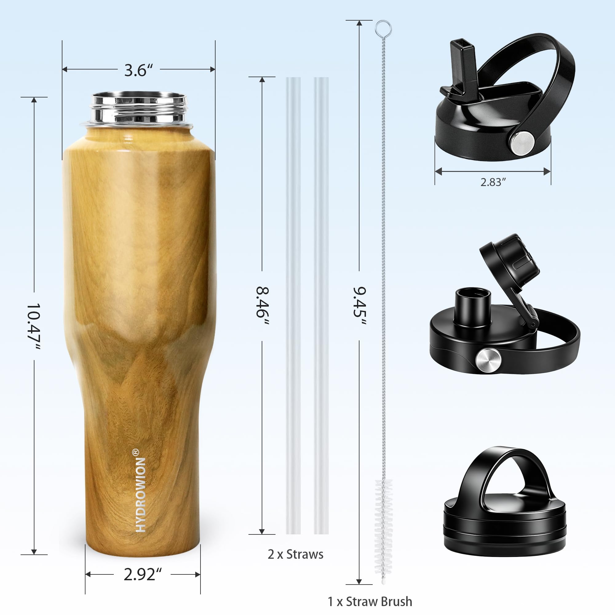 HYDROWION Water Bottle Stainless Steel,Vacuum Insulated Leak Proof Tumbler 32oz with Straw Lid, Spout Lid and Flex Cap(Cold for 48 Hrs, Hot for 24 Hrs), Fit in Any Car Cup Holder, Wood