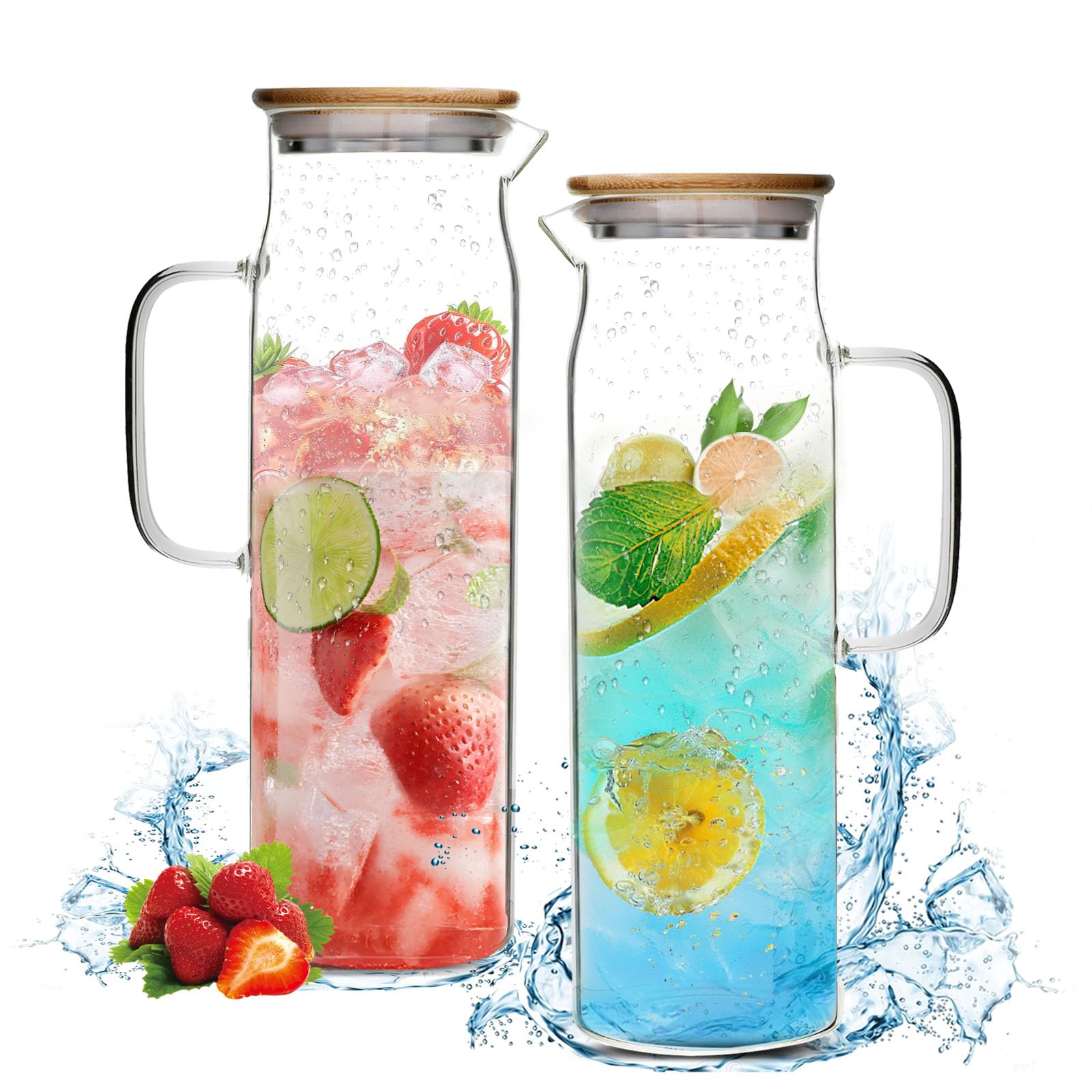 50oz Glass Pitcher with Lid, Glass Water Carafe with Handle, Fridge Water Jug Cold or Hot Beverages, Iced Tea, Milk, Juice (Set of 2)