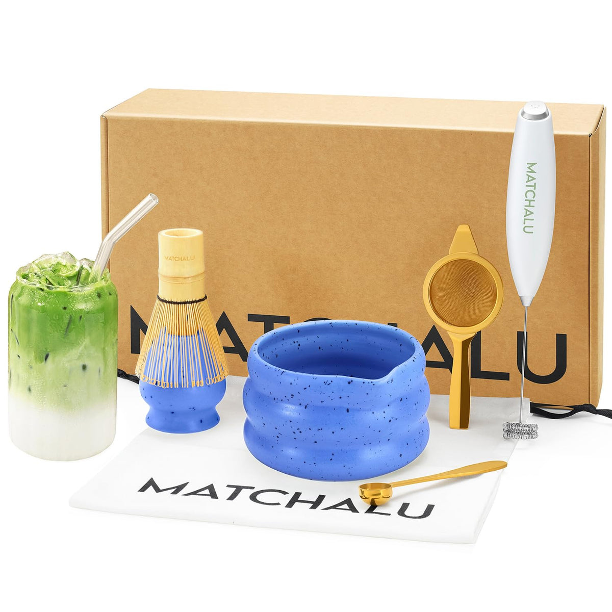 Matcha Whisk Set With Ceramic Matcha Bowl, Bamboo Whisk & Holder, Stainless Steel Spoon & Sifter, Glass Cup & Straw, Electric Frother, Storage Bag - Gift for Matcha Lovers (Premium 9-Piece Set Blue)