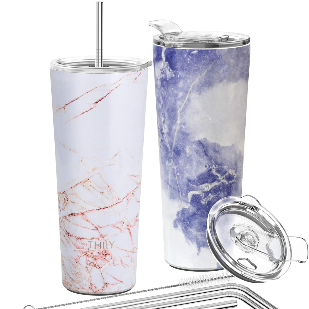 THILY Stainless Steel Vacuum Insulated Tumbler 26 oz Triple-Insulated Travel Mug with Splash-Proof Lid, for Iced Coffee and Hot Beverage, Gold Marble + Blue Marble