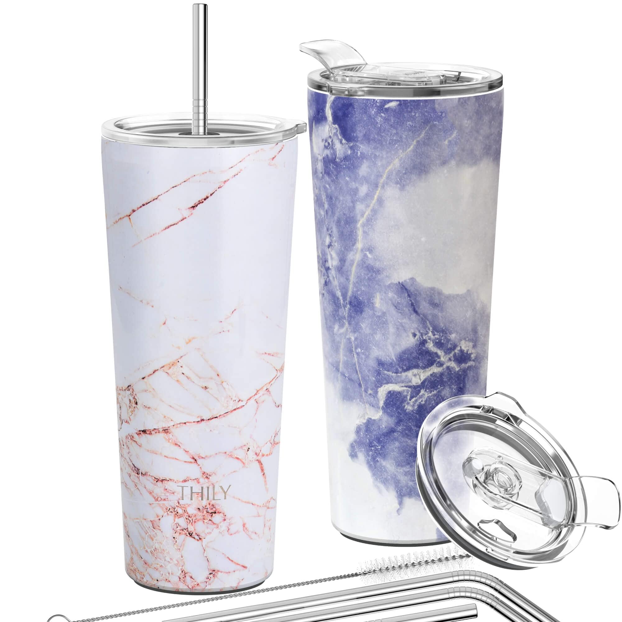 THILY Stainless Steel Vacuum Insulated Tumbler 26 oz Triple-Insulated Travel Mug with Splash-Proof Lid, for Iced Coffee and Hot Beverage, Gold Marble + Blue Marble