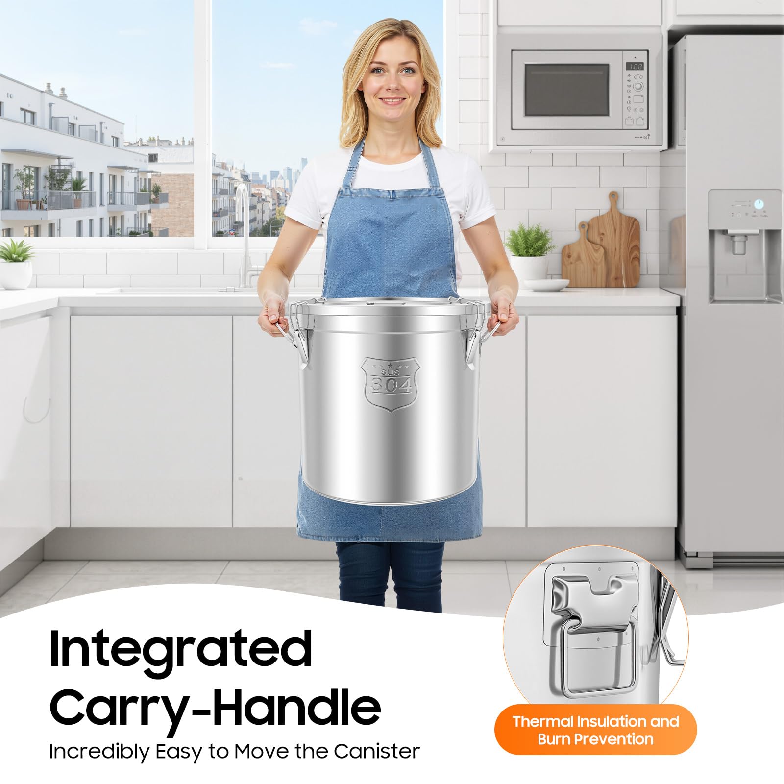 PERFERATE 304 Stainless Steel Airtight Canister 6L/12L Food Storage Bucket with Lids and Sturdy Locking Clamp Metal Cereal Rice Storage Container for Flour, Coffee Bean, Sugar, Cookie (48L)