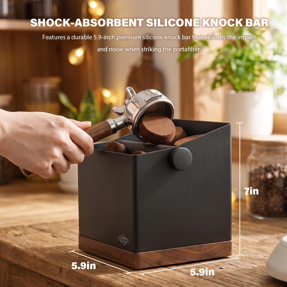 CrossCreek 2.5L Large Espresso Knock Box - Metal & Walnut Wood Coffee Grounds Container for Home Bar, Shock-Absorbent Removable Silicone Knock Bar, Non-Slip Base Coffee Puck Bin for Espresso Station