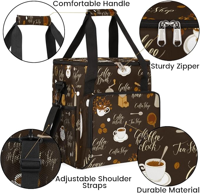Retro Coffee Coffee Maker Carring Bag Tea and Coffe Travel Carrying Storage Tote Bag Compatible with Keurig K-Mini or K-Mini Plus Portable Single Serve Coffee Brewer Case with Pockets for K-cup Pods