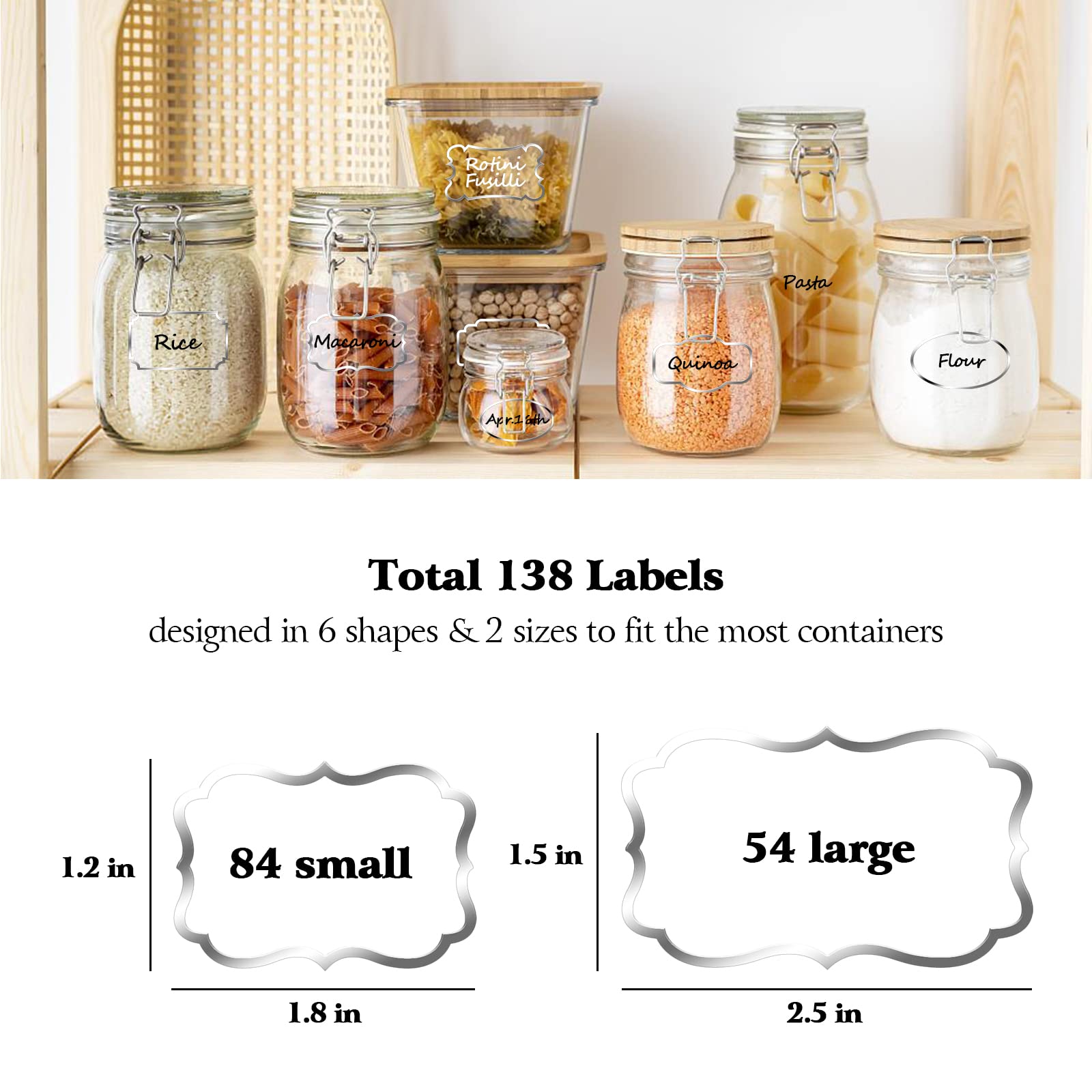 Kitchen Pantry Food Containers Clear Labels with Silver Border, 138 Waterproof Removable Write-on Sticker Labels Tags to Organize Spice Jars Condiment Flour Sugar Canisters Storage Bins,Free 2 Markers
