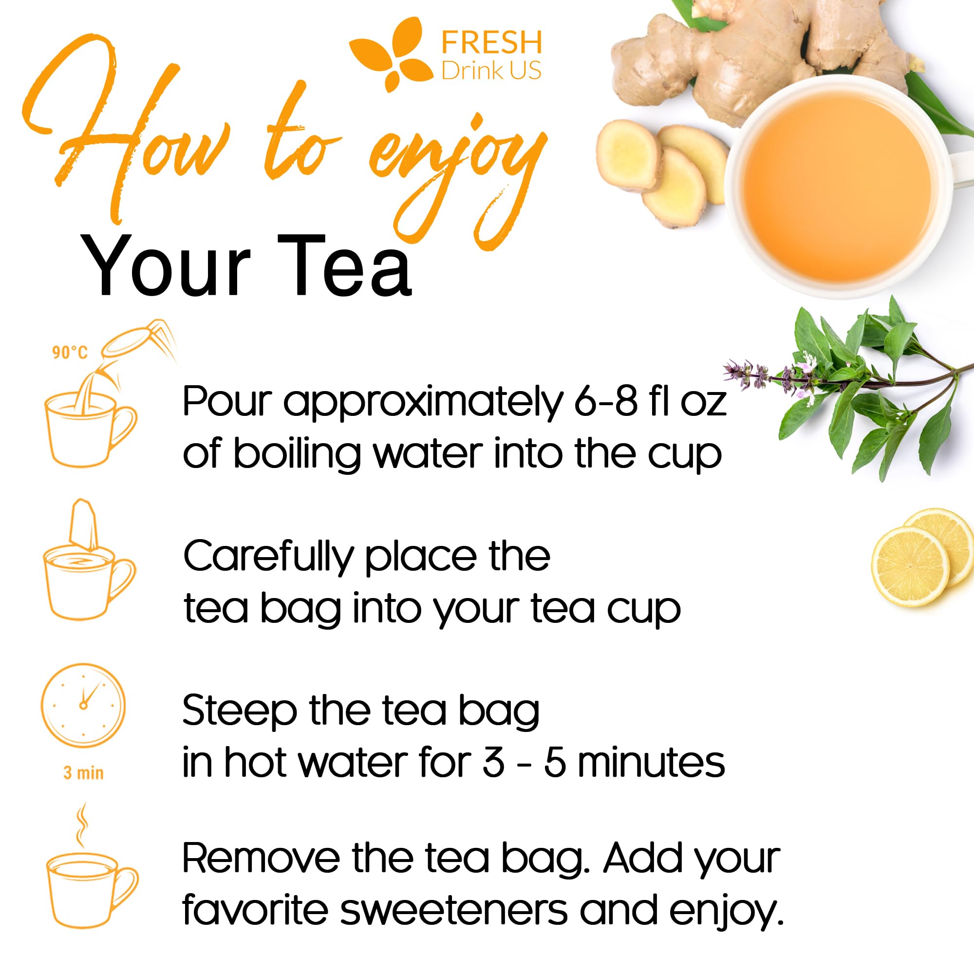 FreshDrinkUS, Premium 35 Tulsi Lemon Ginger Tea Bags, 100% Natural & Pure from Tulsi Holy Basil Leaves, Lemon and Ginger. Made with Natural Material Tea Bags. No Sugar, No Caffeine, Vegan.