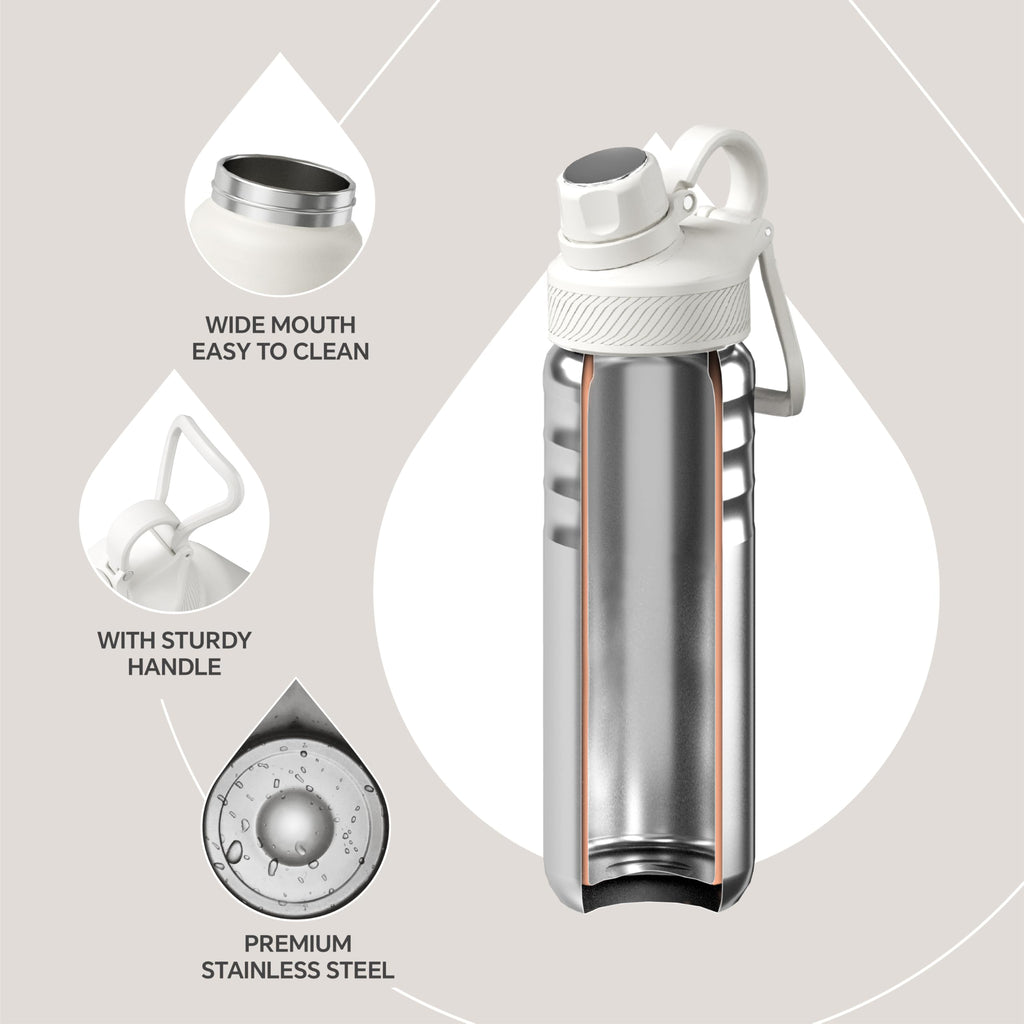 IDEUS Insulated Stainless Steel Water Bottle with 2 Leak-Proof Lids, Thermal Water Flask for Hiking Biking, 24oz, White