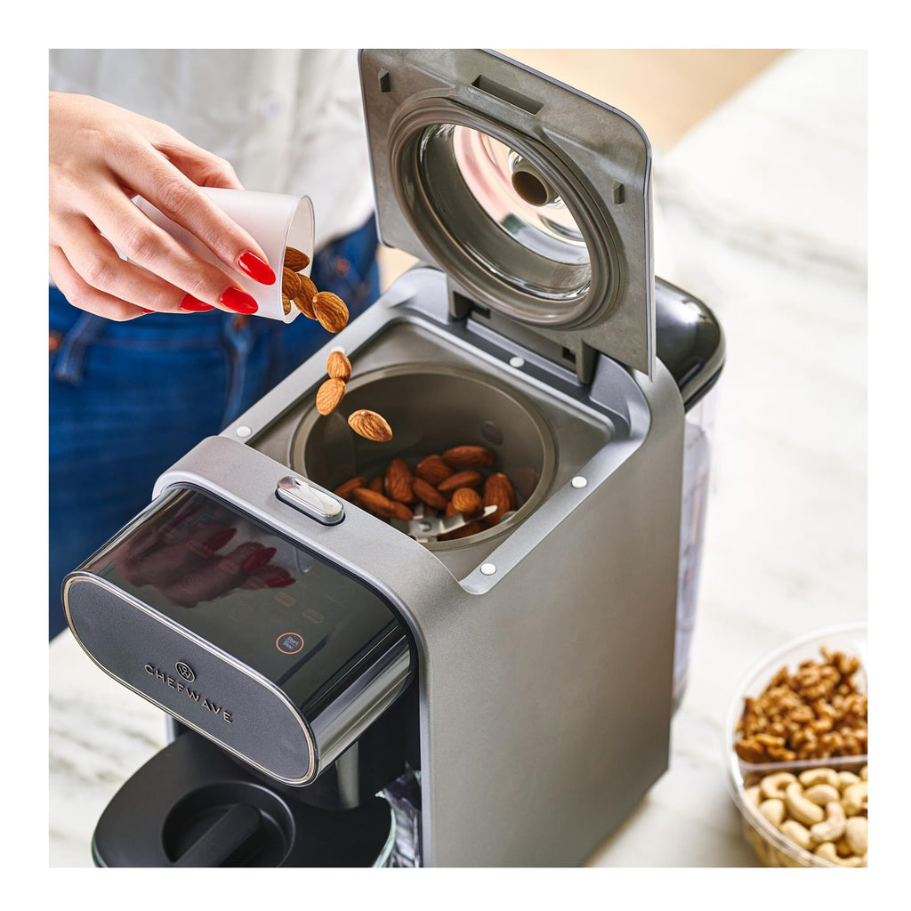 ChefWave Milkmade Soy Milk Maker 6-in-1 Vegan Plant-Based Milk Machine with Auto Clean, and Delay Start, Almond, Oat, Soy, Cashew, Coconut, Macadamia Milk Maker with Nut Platter (Silver/Black)