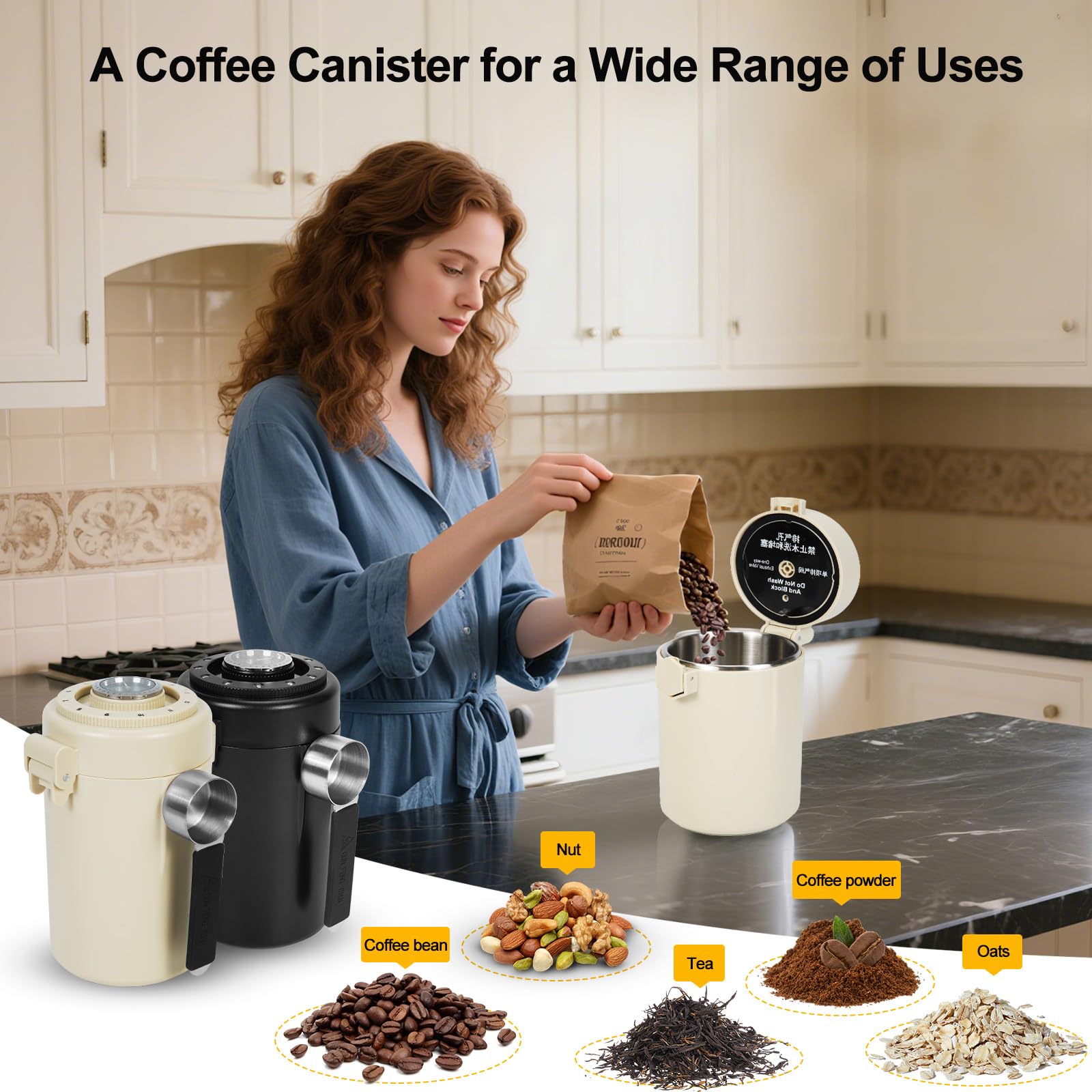 ZENTORIQ Coffee Canister, Airtight Stainless Steel Kitchen Food Storage Container With Spoon And Date Tracker, For Ground Coffee, Cereal, Bean, Tea,Sugar (black)
