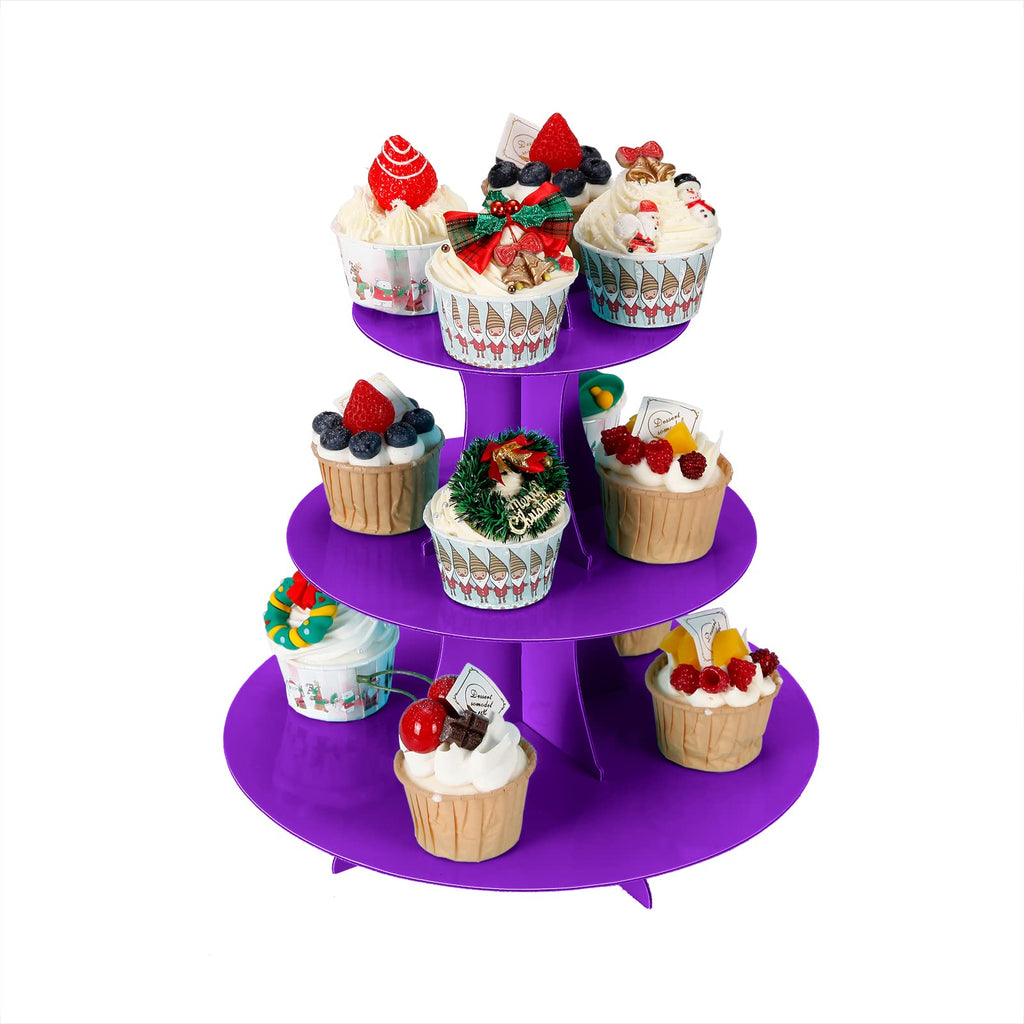 YLDW Cupcake Stand 2Pcs, 3-Tier Cupcake Stand Display, Cardboard Cup Cake Tower Stand, Disposable Dessert Stand for Birthday Tea Party Baby Shower Treat Decorations, Purple