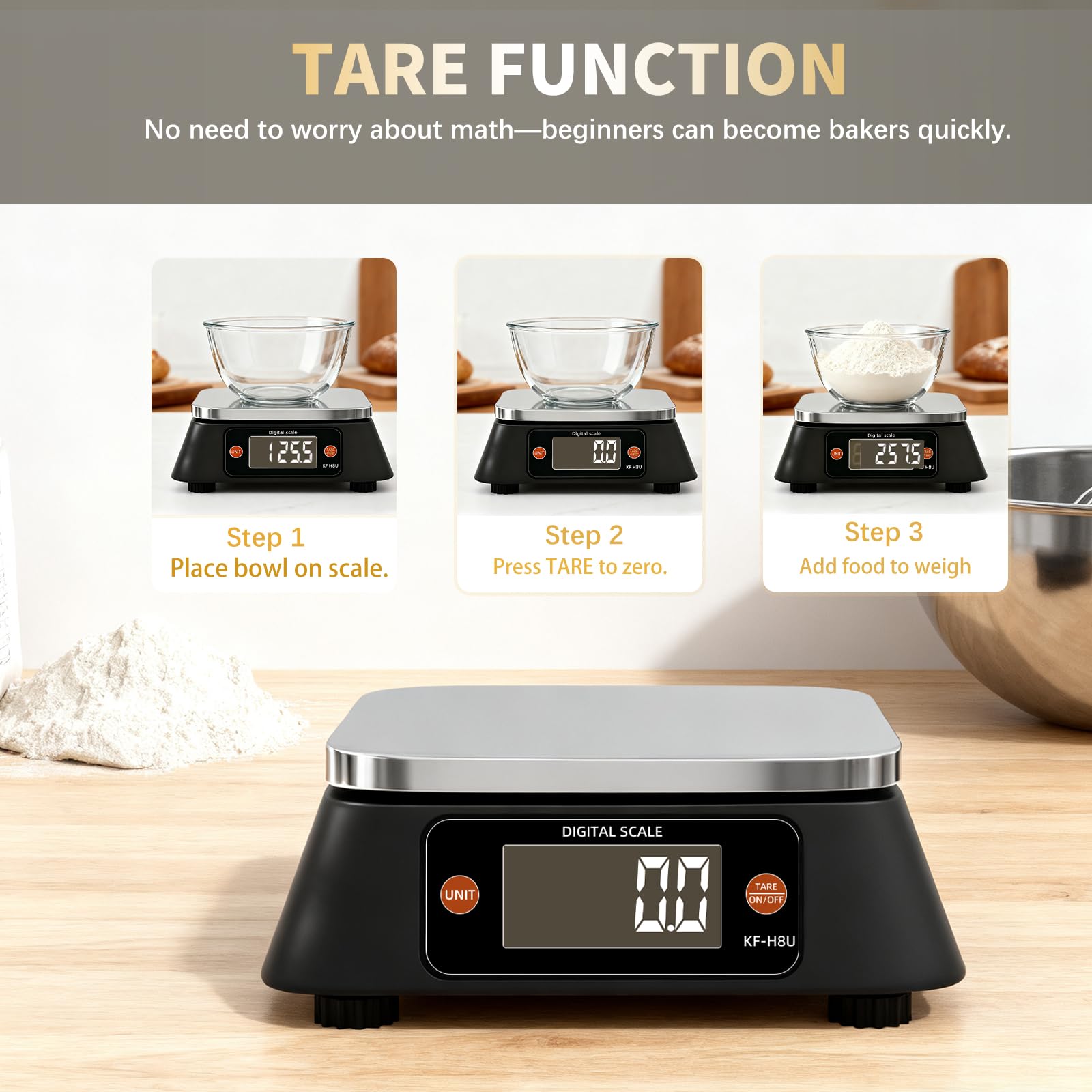 Kitchen Scales Digital Weight Grams and Ounces, YONCON KF-H8U Food Scale for Bakers, Candle and Soap Making, Baking Scale with Stainless Steel Large Platform, 22lb, 3*AA Batteries and AC Power Adapter