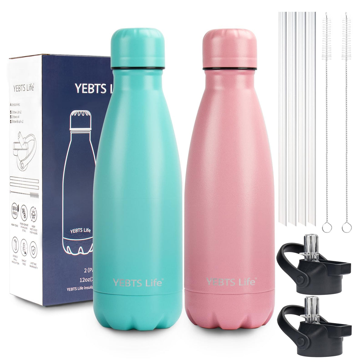 Insulated Water Bottle,2 Pack-17oz Stainless Steel Water Bottles with straw lid,Metal Sports Water Bottles for Boys,Girls,Double Wall Vacuum BPA-Free Flask for Sports (Sunset & Sea)