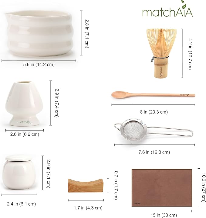 Matcha Whisk 8 Pcs Set - Ceramic Bowl, Bamboo Whisk with Holder, Canister, Sifter, Schima Spoon, Spoon Rest and Tea Towel, Complete Kit for Traditional Matcha and Modern Lattes (Glossy White)