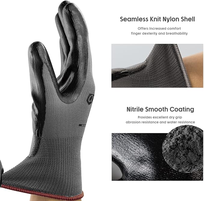 ANDANDA 12 Pairs Work Gloves, Smart Touch, 3D Comfort Stretch Fit, Nitrile Coated, Men Work Gloves with Grip, Seamless Knit Nylon, Suitable for Warehousing, Logistics, Handling, Black（L）