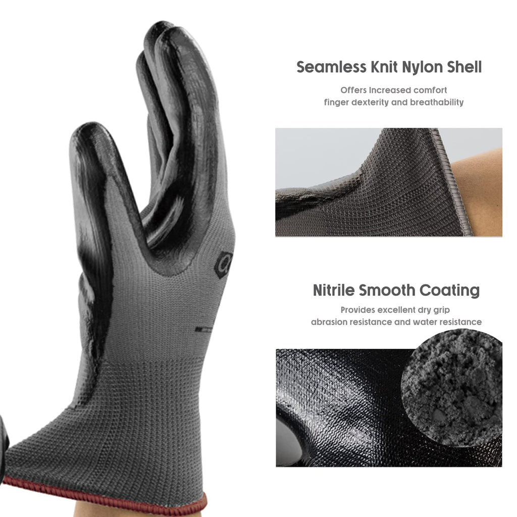 ANDANDA Smart Touch Work Gloves - 12 Pairs, 3D Comfort Stretch Fit, Nitrile Coated with Grip, Seamless Knit Nylon, Suitable for Warehousing, Logistics, Handling, Black (XL)