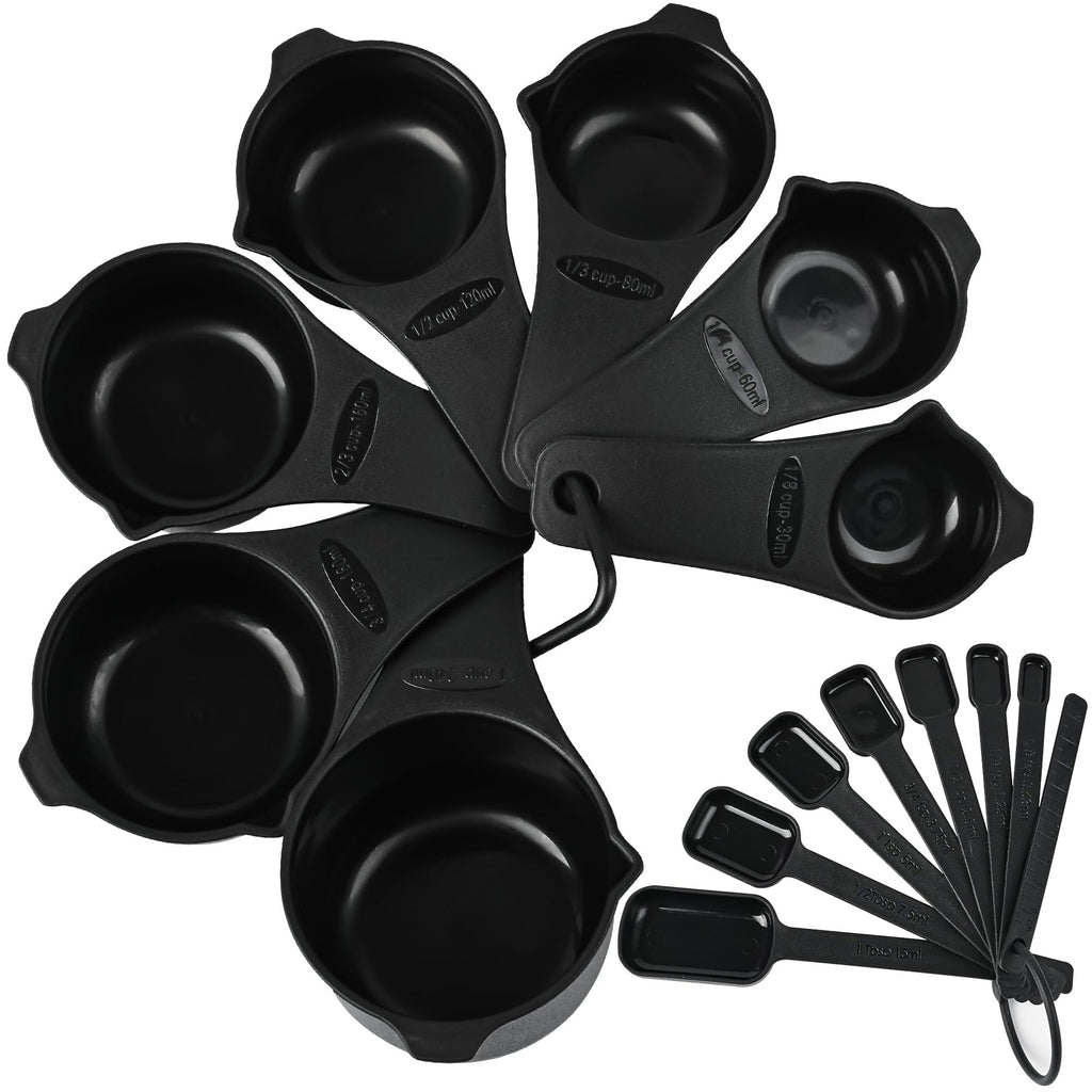 Kalsreui Measuring Cups and Spoons Set 15, 7 Plastic Measuring Cup Spoon Set, 7 Spice Long Handle Measuring Spoons with 1 Leveler for Kitchen and Baking, Dry Metric Measure Cups & Spoons Black