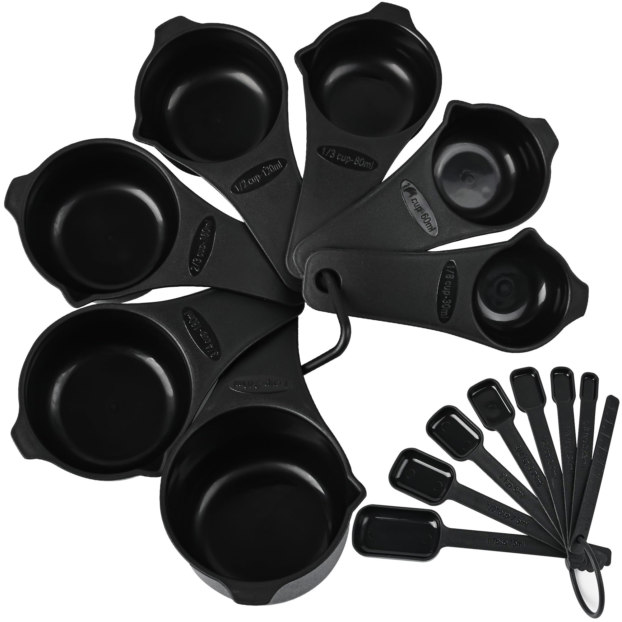 Kalsreui Measuring Cups and Spoons Set 15, 7 Plastic Measuring Cup Spoon Set, 7 Spice Long Handle Measuring Spoons with 1 Leveler for Kitchen and Baking, Dry Metric Measure Cups & Spoons Black