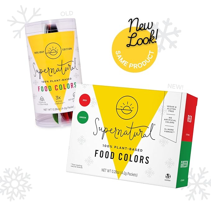 Supernatural Plant-Based Food Coloring - Red & Green Natural Food Dye Powders, Hyper-Concentrated, Vegan, No Artificial Dyes for Holiday Baking (4 Packets)