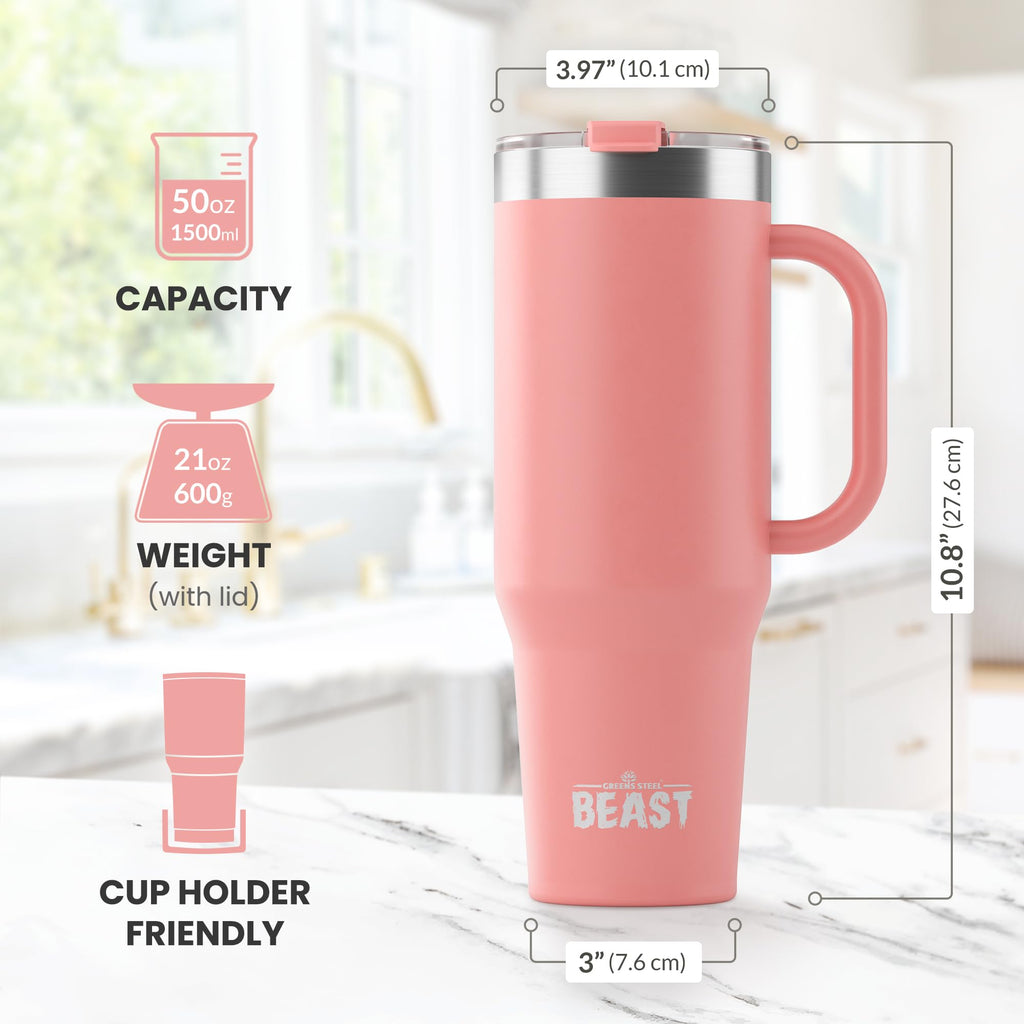 Beast 50 oz Tumbler with Handle Stainless Steel Vacuum Insulated Coffee Ice Cup Double Wall Travel Flask (Blossom Pink)