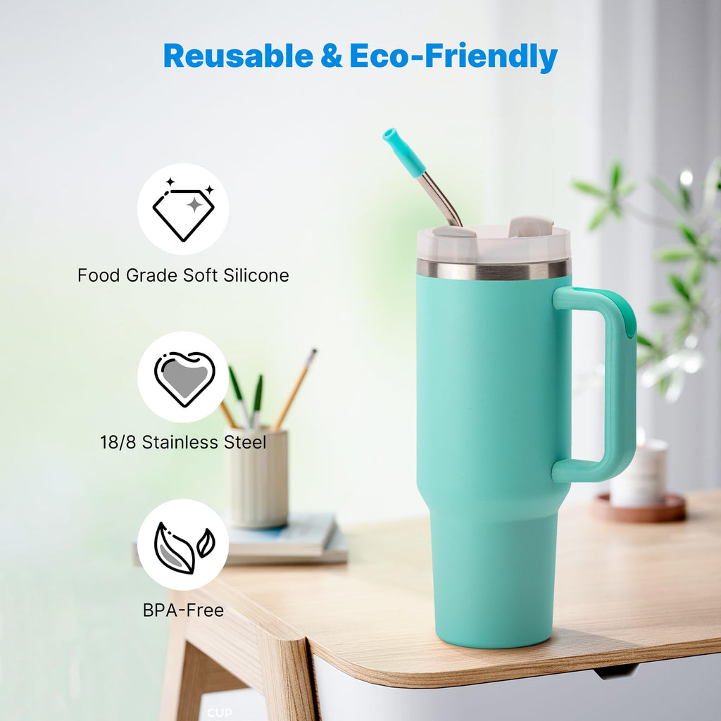 Bluwing 2 Pcs Stainless Steel Straw with Silicone Tips for 40 oz Stanley Tumbler, Repeatable 40 oz Metal Straws for Stanley Adventure Quencher Travel Tumbler Cup, BPA Free（Light Green）