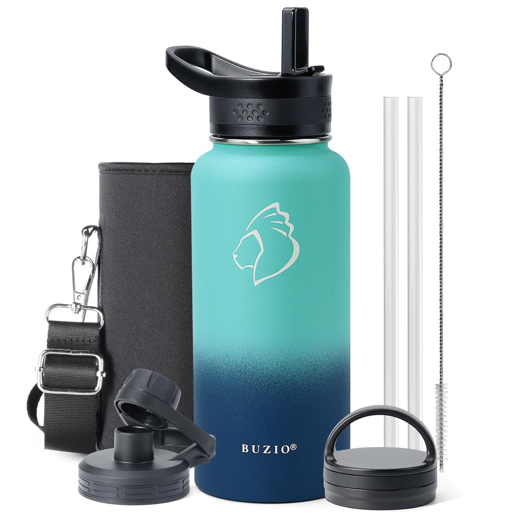 BUZIO 32 oz Water Bottle Insulated with Straw & 3 Lids (Cold for 48 Hrs)