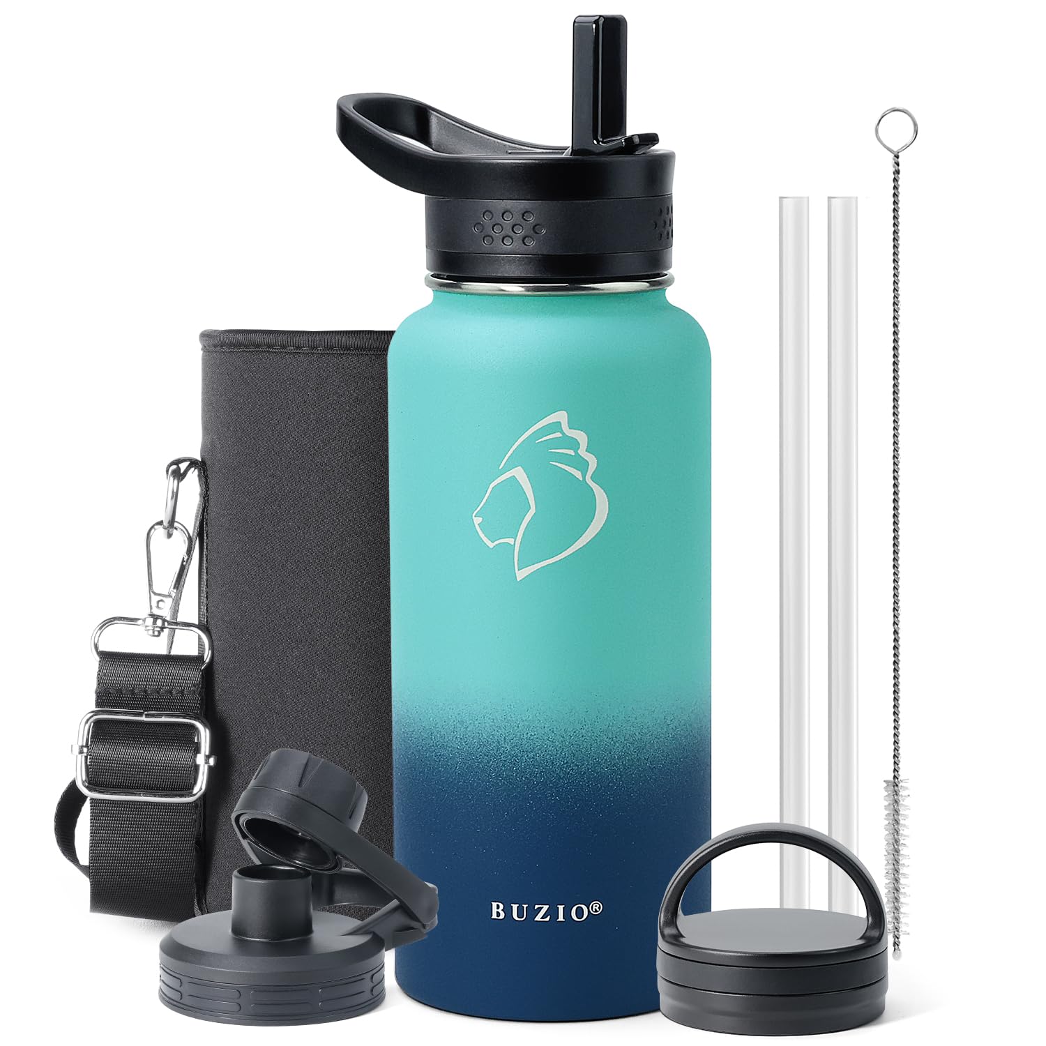 BUZIO 32 oz Water Bottle Insulated with Straw & 3 Lids (Cold for 48 Hrs)