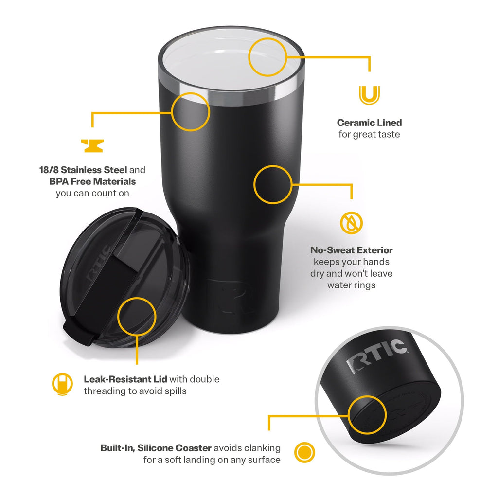 RTIC 40oz Essential Tumbler with Lid, Ceramic Lined, Black