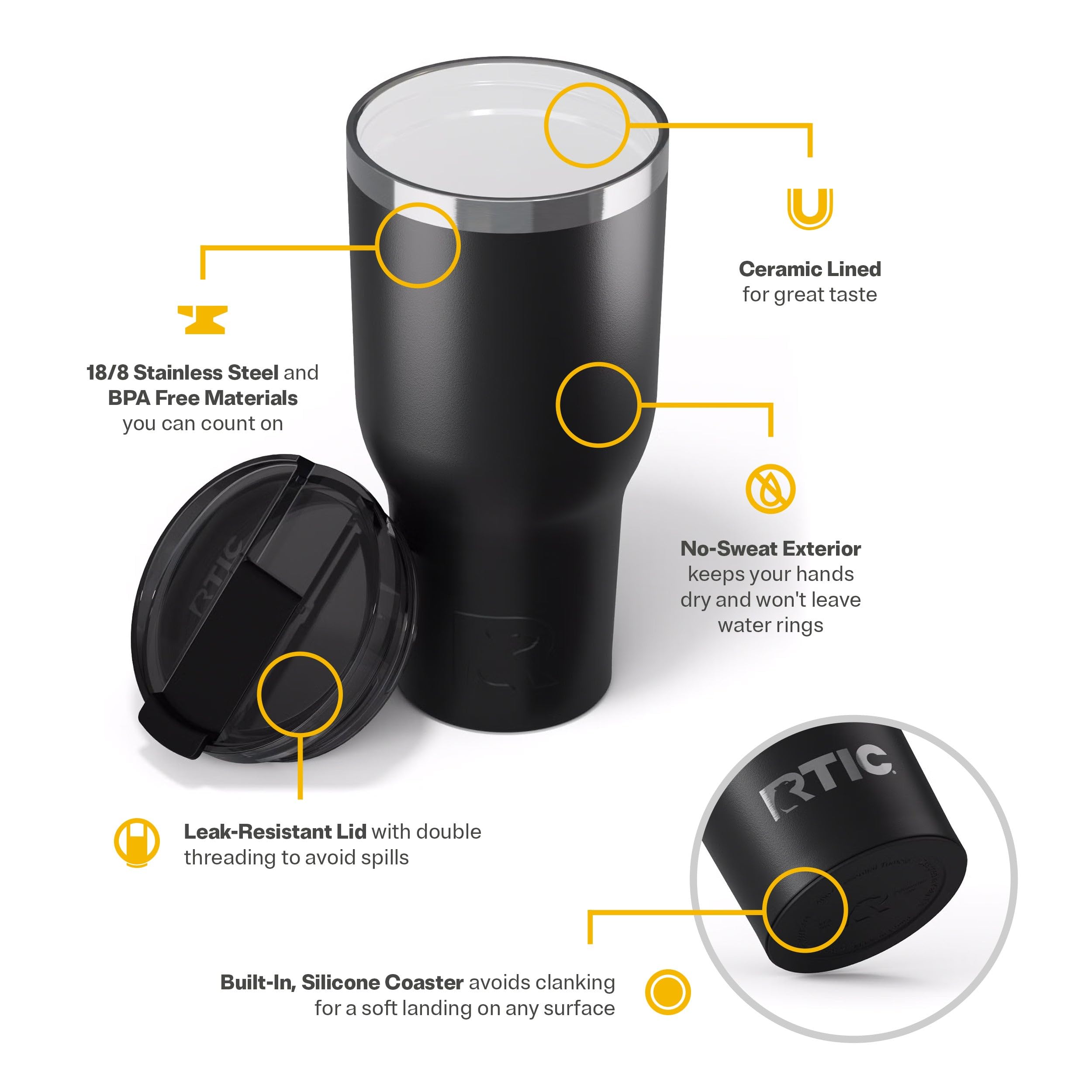RTIC 40oz Essential Tumbler with Lid, Ceramic Lined, Black