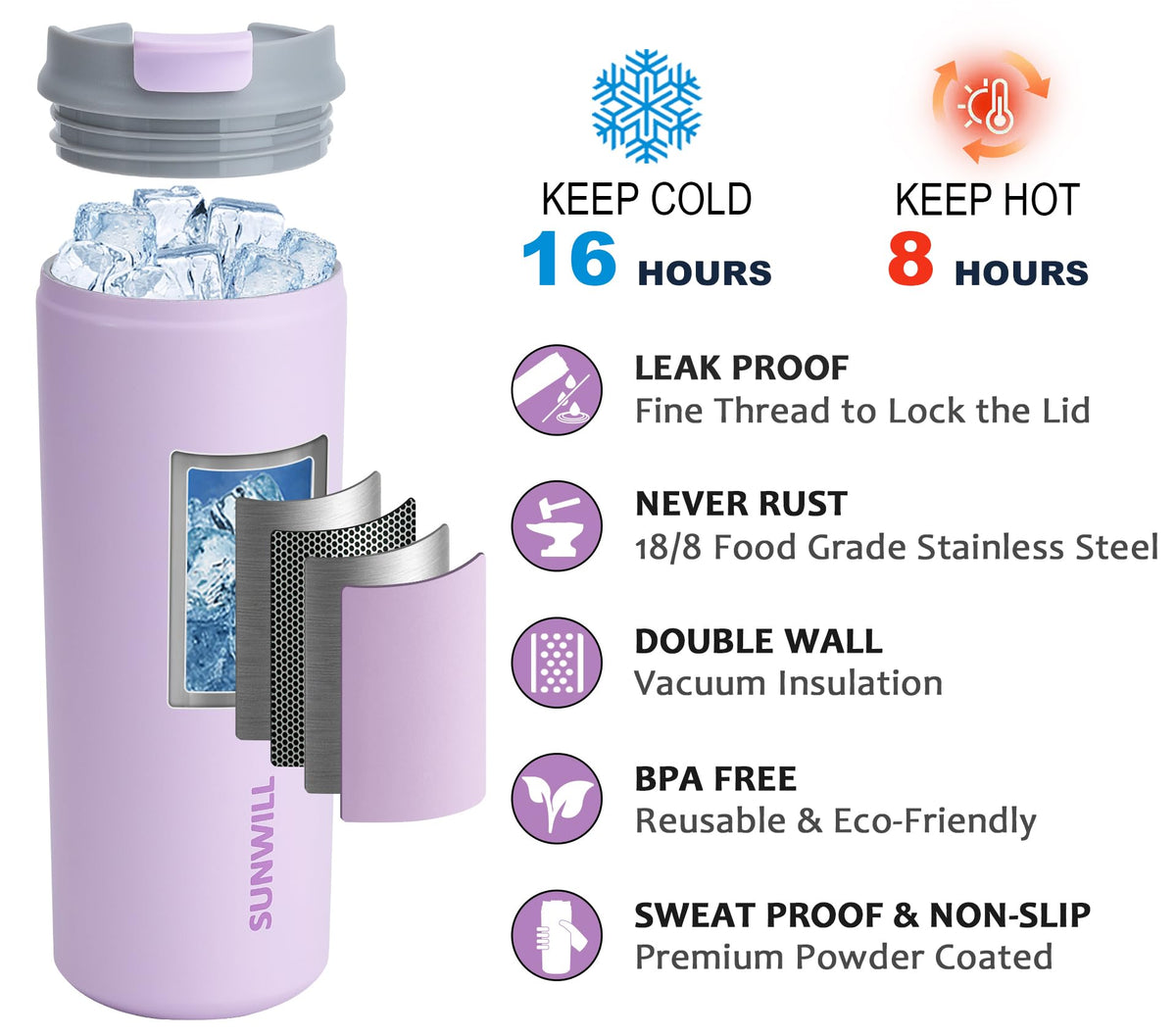 SUNWILL Travel Coffee Mug with Lid, Leak Proof Tumbler Stainless Steel, 16 oz Insulated Cup for Water, Tea, Ice, Powder Coated Lavender