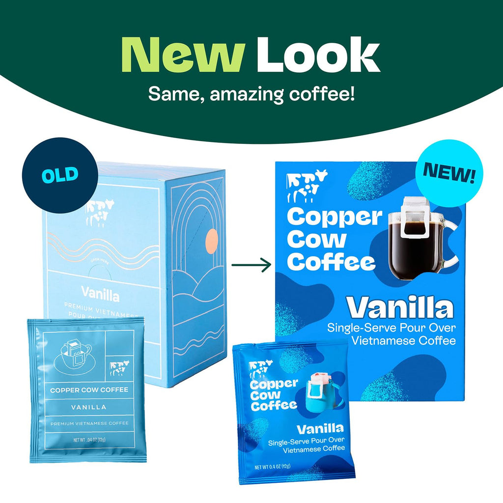 Copper Cow Coffee Premium Pour Over Single-Serve Vietnamese Coffee Pouches (24 pack) | Vanilla | Dark Roast | Flavored with Vanilla Beans | Convenient Vietnamese Ground Coffee Packets, Travel Friendly