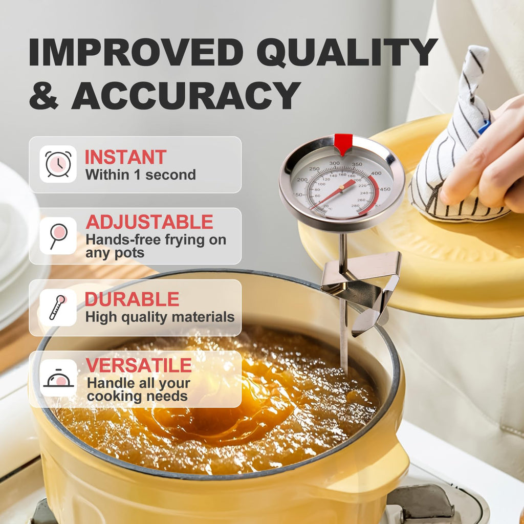 Telead Candy Thermometer Waterproof IP67 - Oil Thermometer for Frying with Clips - 9" Side of Pot Thermometer Deep Fry for Oil Candy Candle BBQ - Silver