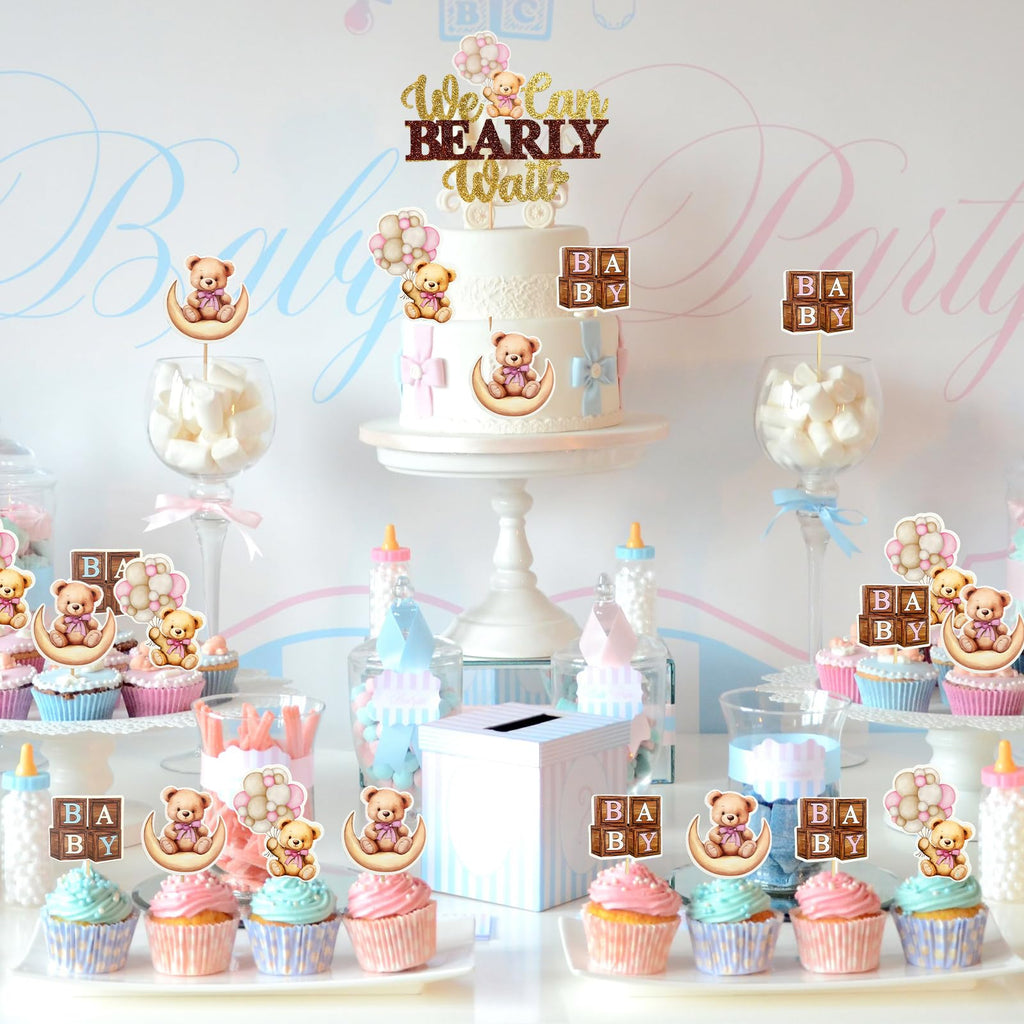 MEMOVAN Pink Bear Cupcake Toppers We Can Bearly Wait Cake Cupcake Topper