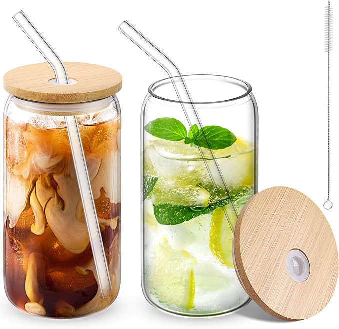 CWHHRN Glass Cups with Straw 6 Set, 16oz Beer Glasses, Glass Coffee Cups, Iced Coffee Glasses, Glass Tumbler for Whiskey, Soda
