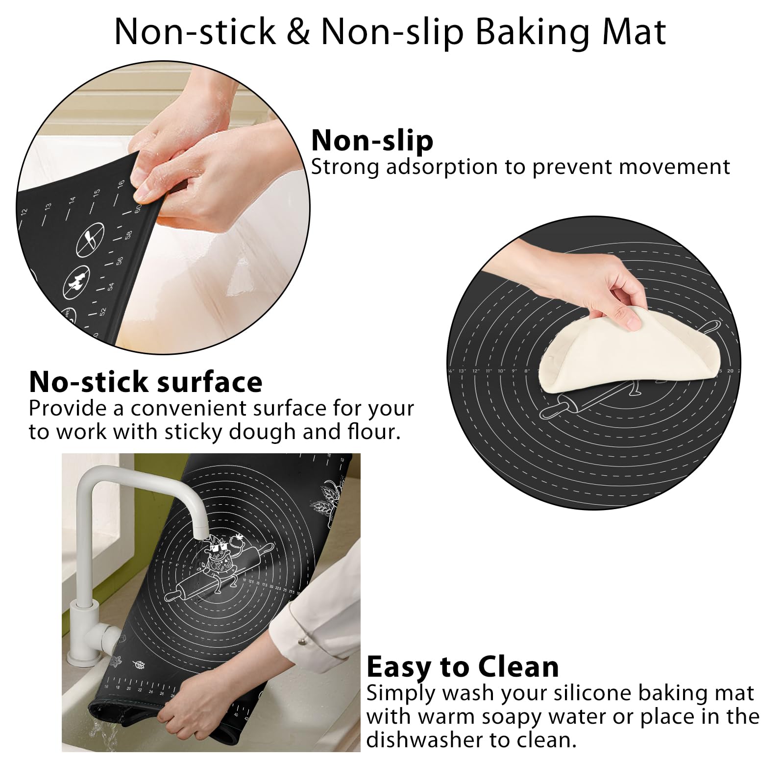 Silicone Baking Mat 28" x 20" Extra Thickness Dough Rolling Mat with Measurements and Edge Heightening, Non-stick Food Grade Silicone Pastry Mat for Pastry, Bread, Cookies, Pizza, Fondant, Pasta-Black
