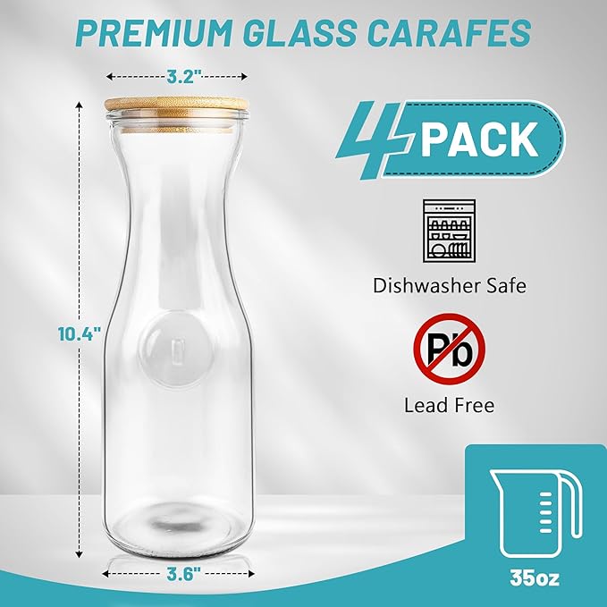Glass Carafe with Bamboo Lid,35 Oz Beverage Dispensers Carafe,Mimosa Bar Supplies,Juice Bottles, Clear Glass Pitcher with Name Labels for Iced Tea,Coffee,Juice(Set of 4)