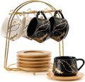 LUKA Ceramic Espresso Cups with Saucers and Metal Stand, Small 4 oz Porcelain Demitasse Cups Set of 6, Cute Cappuccino Coffee Cups for Double Espresso, Tea, Marbling White & Black