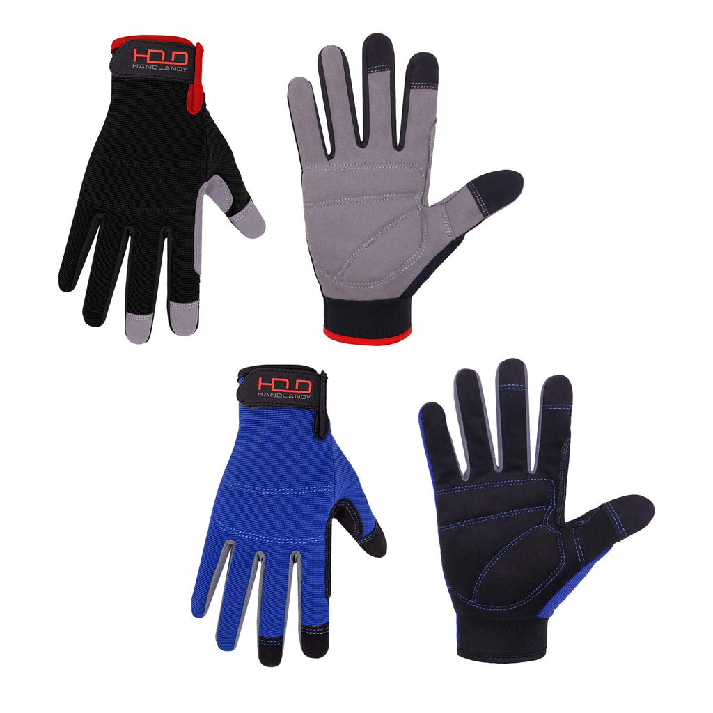 HANDLANDY Work Gloves for Men & Women, Utility Mechanic Working Gloves Touch Screen, Flexible Breathable Gardening Gloves for Yard Maintenance (X-Large, 2 Pairs Black&Blue)