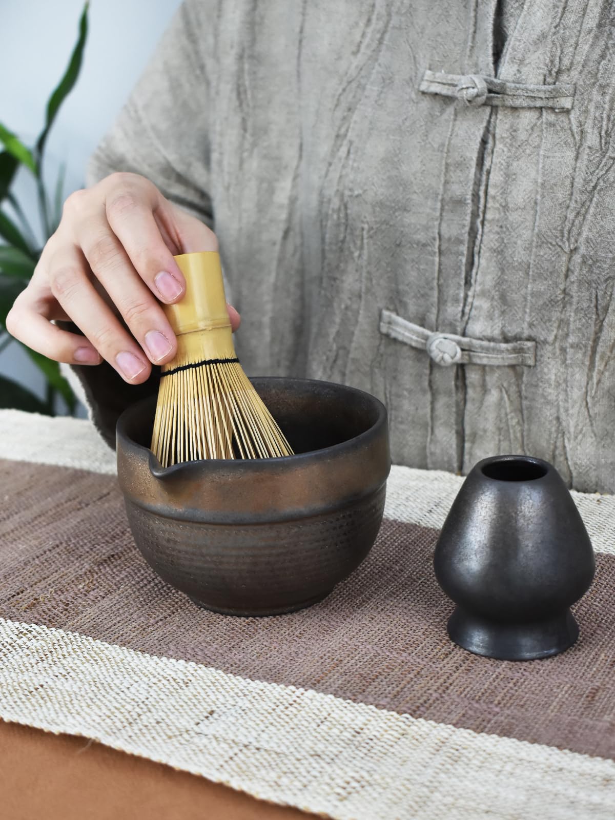 Artcome Luxury Matcha Tea Set – 4-Piece Japanese Matcha Kit with Black Rustic Glazed Bowl & Spout, Bamboo Whisk, Holder, Scoop & Manual – Handcrafted Ceramic Tea Ceremony Set
