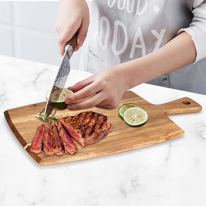 Best Acacia Wood Cutting Board with Handle Wooden Charcuterie Board Kitchen Chopping Boards for Bread Meat Cutting boards Fruit Cheese Serving Board Butcher Block Carving Board, 17" x 10"