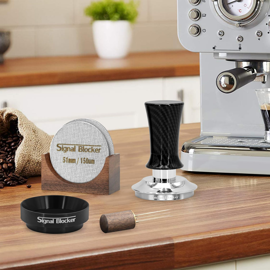 51mm Espresso Coffee Tamper for Espresso Machine: Calibrated Spring Loaded & Stainless Steel Ripple Base - Carbon Fiber Handle with Constant 30lb Fits All 51mm Portafilters | Bundle Including WDT Tool