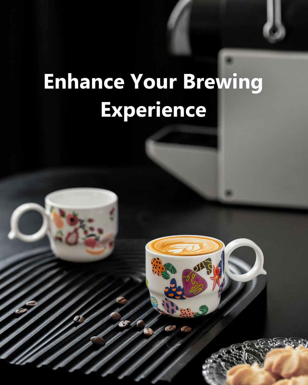 BOILMERIT Ceramic Espresso Cups Set of 2 – Mini 3 oz Double Espresso Coffee Cups Small Espresso Shot Cups with Cute Q Handle, Gift for Coffee Lovers, Floral and fruit Patterns-White