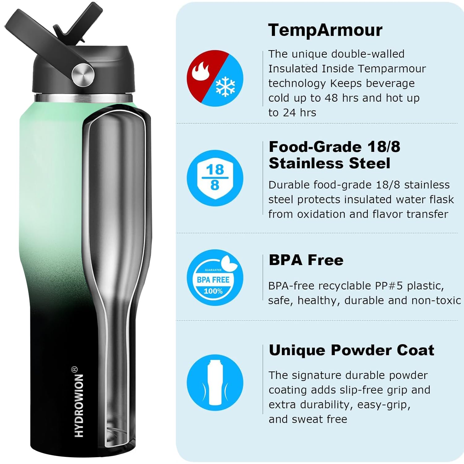 HYDROWION Water Bottle Stainless Steel,Vacuum Insulated Leak Proof Tumbler 32oz with Straw Lid, Spout Lid and Flex Cap(Cold for 48 Hrs, Hot for 24 Hrs), Fit in Any Car Cup Holder, Mint - Black