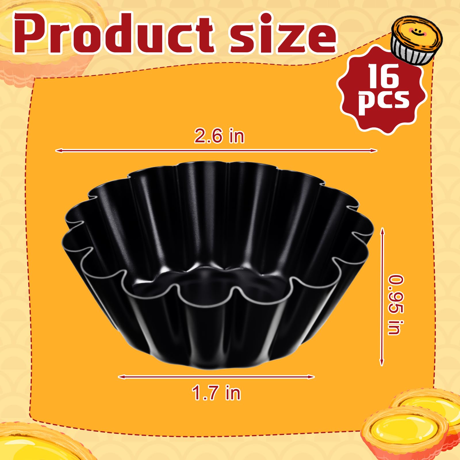 LemonRoad 16 Pcs Egg Tart Molds 2.6 Inch Non-stick Carbon Steel Tart Pans