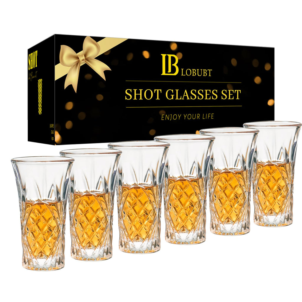 LOBUBT 6 Pack Shot Glass Bulk Set with Heavy Base 2 OZ Small Shot Cups for Vodka, Whiskey, Tequila, Espresso, Liquor Set