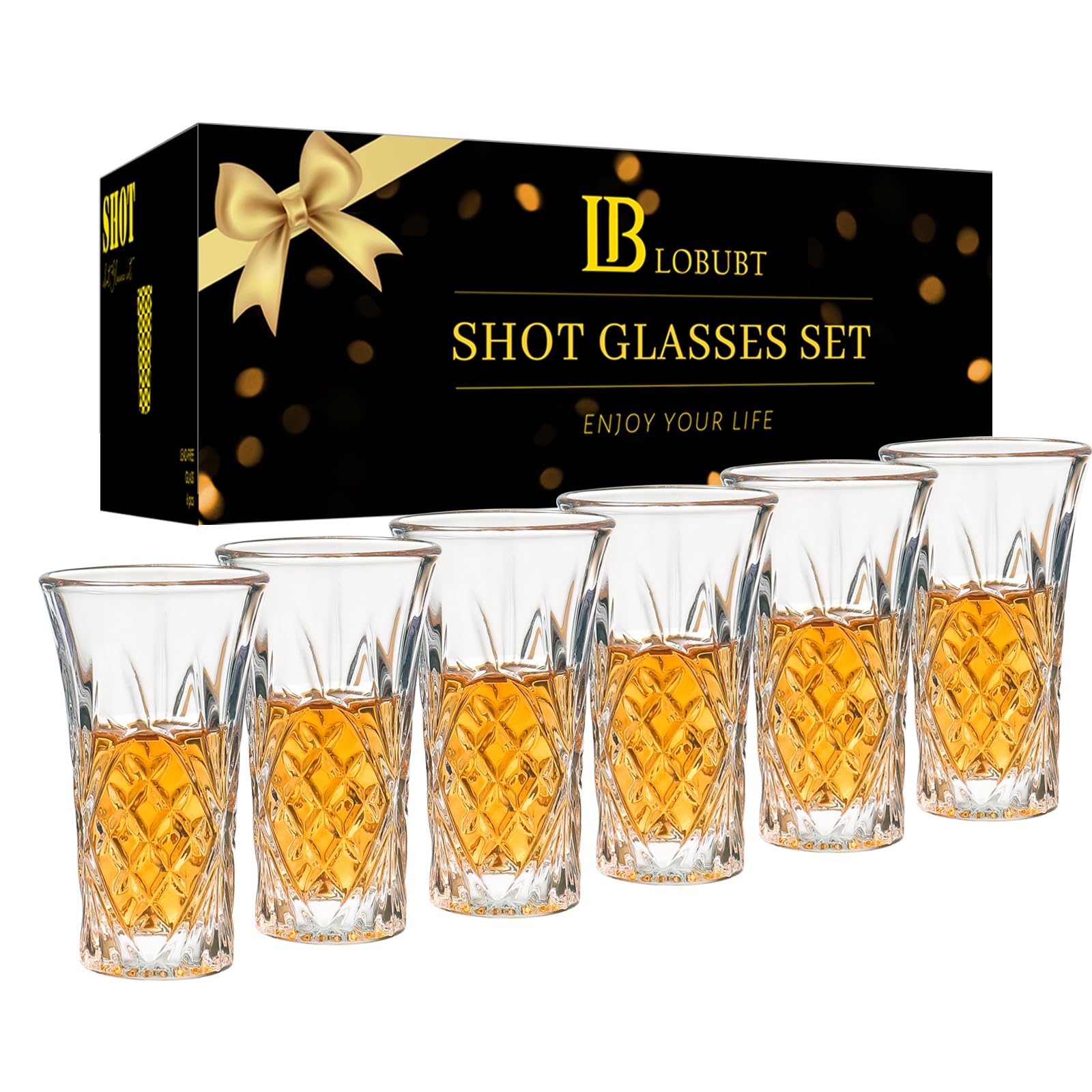 LOBUBT 6 Pack Shot Glass Bulk Set with Heavy Base 2 OZ Small Shot Cups for Vodka, Whiskey, Tequila, Espresso, Liquor Set