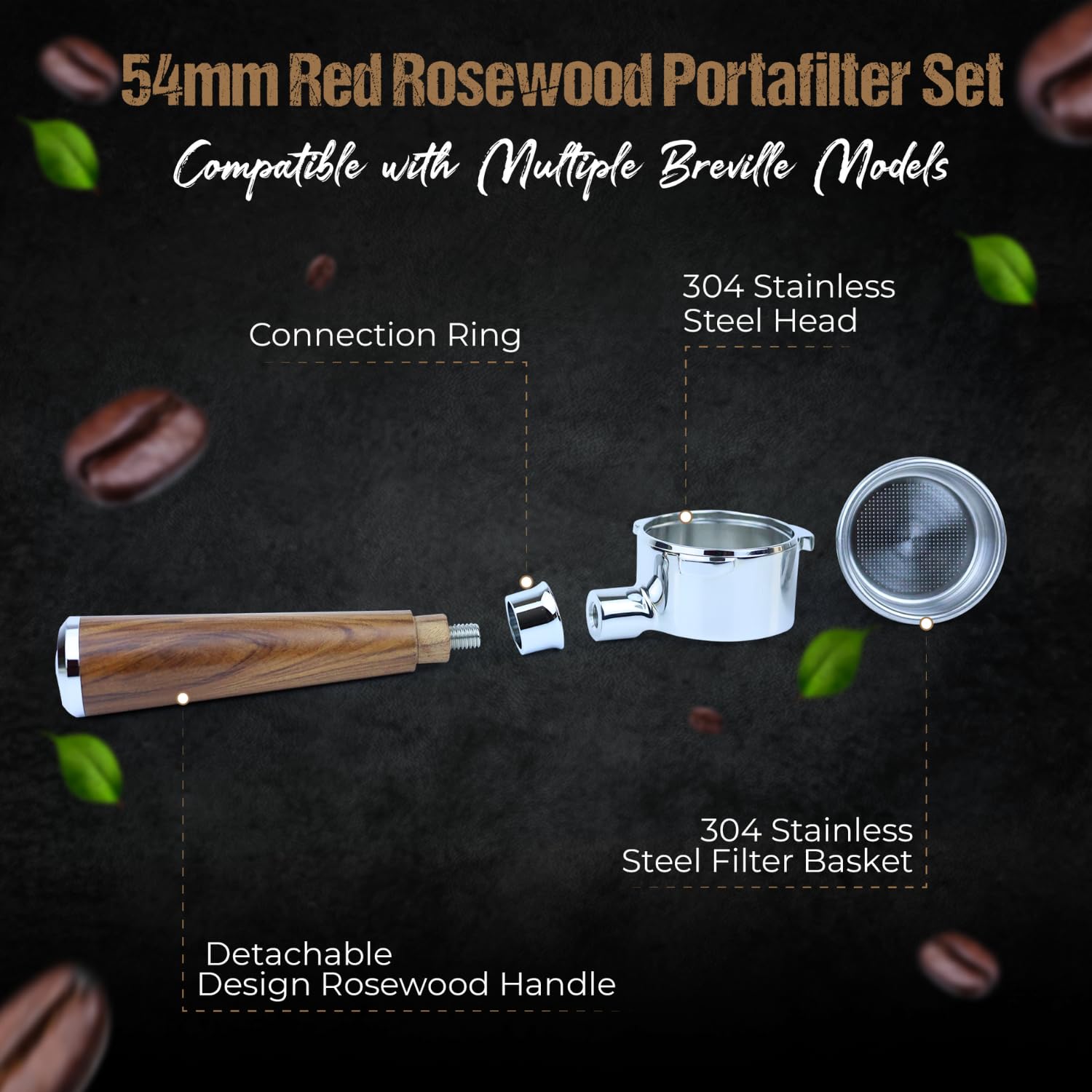 54mm Bottomless Portafilter for Breville Espresso Machines with 18g Filter Basket & 53.35mm Espresso Puck Screen Naked – Red Rosewood