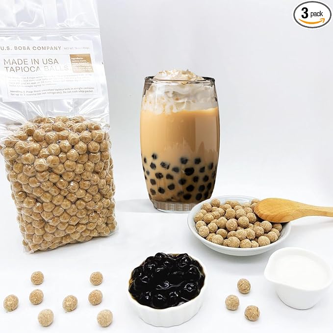 US Boba Co Unsweetened Tapioca Pearl, Easy to Cook, Tapioca Boba Balls for Tea Milk, Coffee & Dessert Topping, Fresh Made in USA, Brown Sugar Flavor, 1 Pound (Pack of 3)